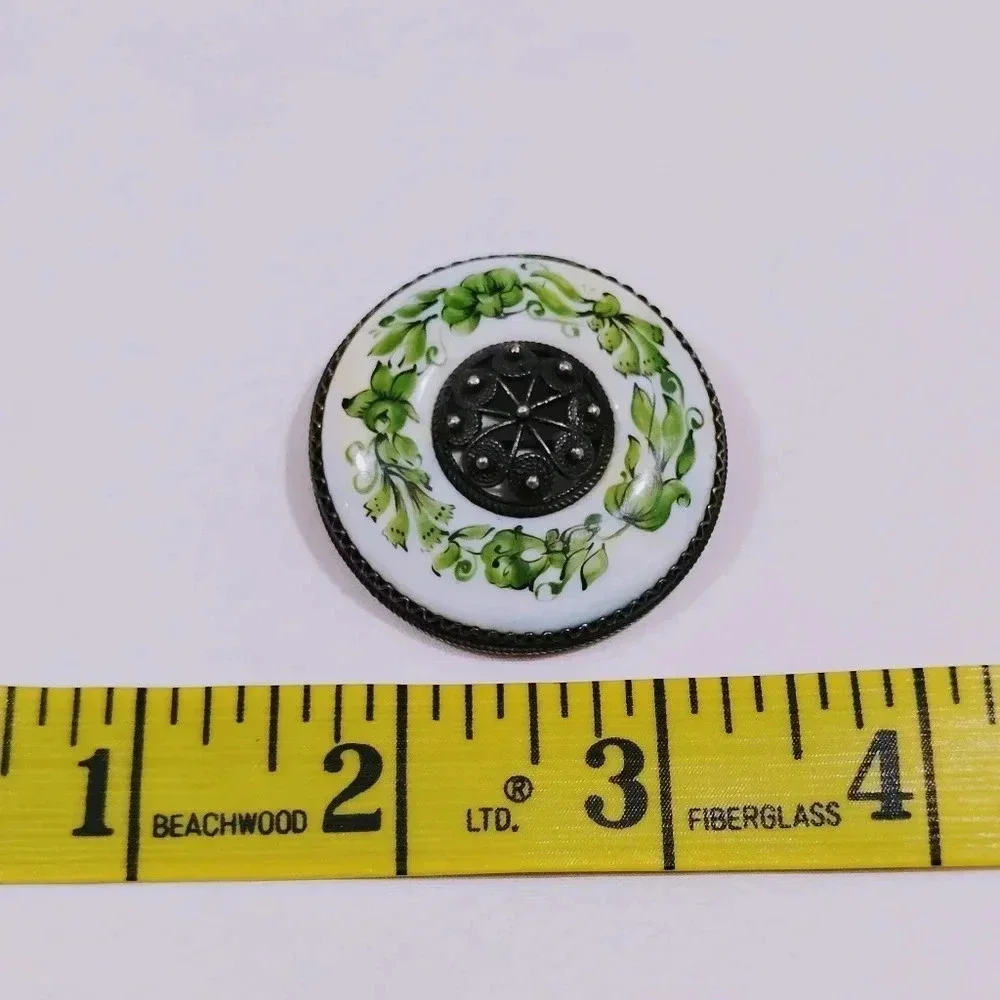 Antique Brooch Porcelain Green Botanical Garland Silver Metalwork